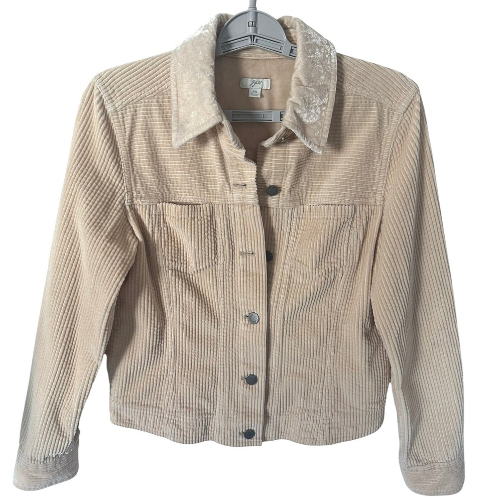 J Jill Size XS Vintage Corduroy Jean Jacket Beige Velvet Collar Button Front